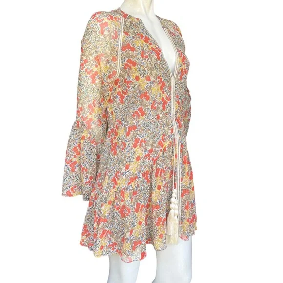 Alexis Floral Flowy Mini Babydoll Dress with Bell Sleeves and Tassels Size XS - Picture 2 of 14